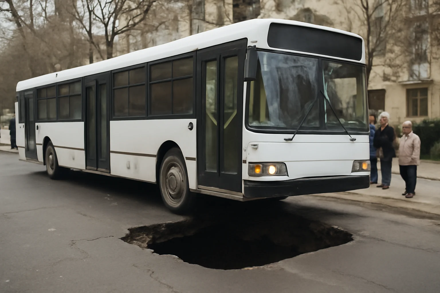 Autobuz de transport public rămas suspendat deasupra unei gropi în asfalt la Brăila