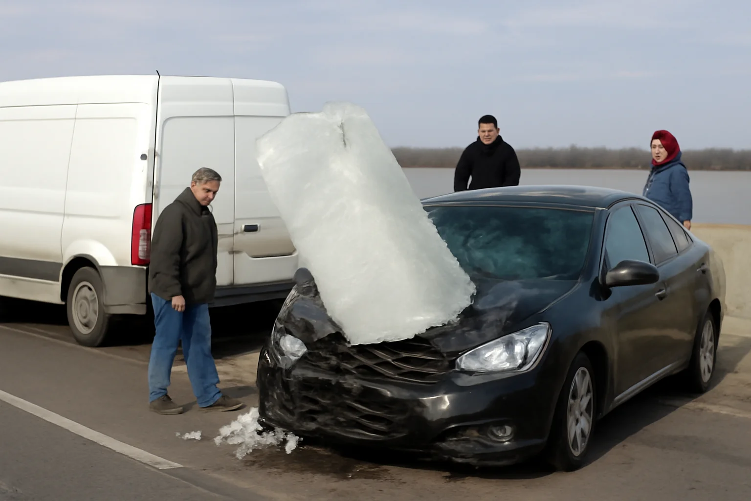 Incident rutier periculos pe digul Galați–Brăila, în apropiere de Brăila, după desprinderea unui bloc de gheață de pe o dubă