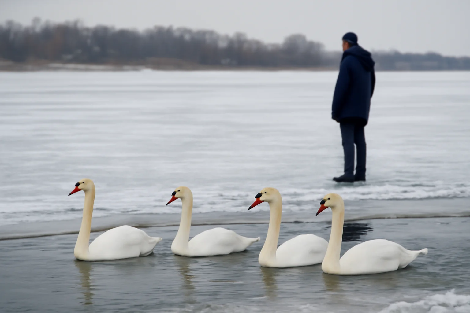 Lacul Sărat din Brăila, înghețat aproape complet: lebedele se adăpostesc pe o fâșie îngustă de apă