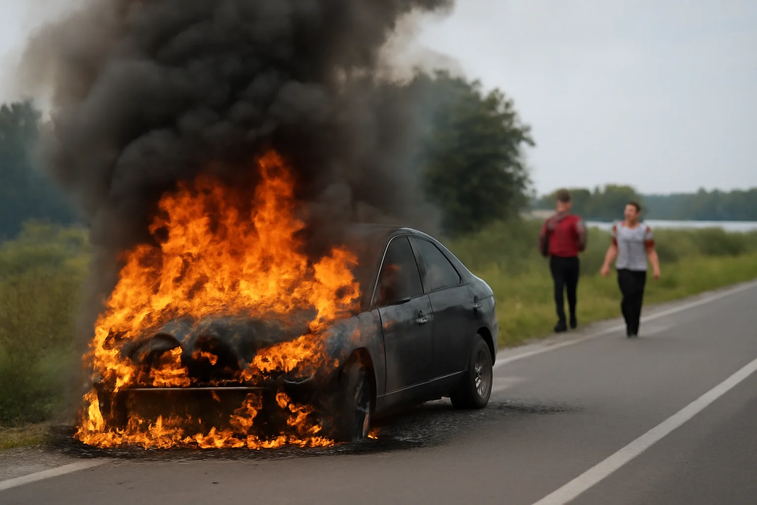 Mașină incendiată pe șoseaua dig Brăila–Galați, DN22B, fără victime