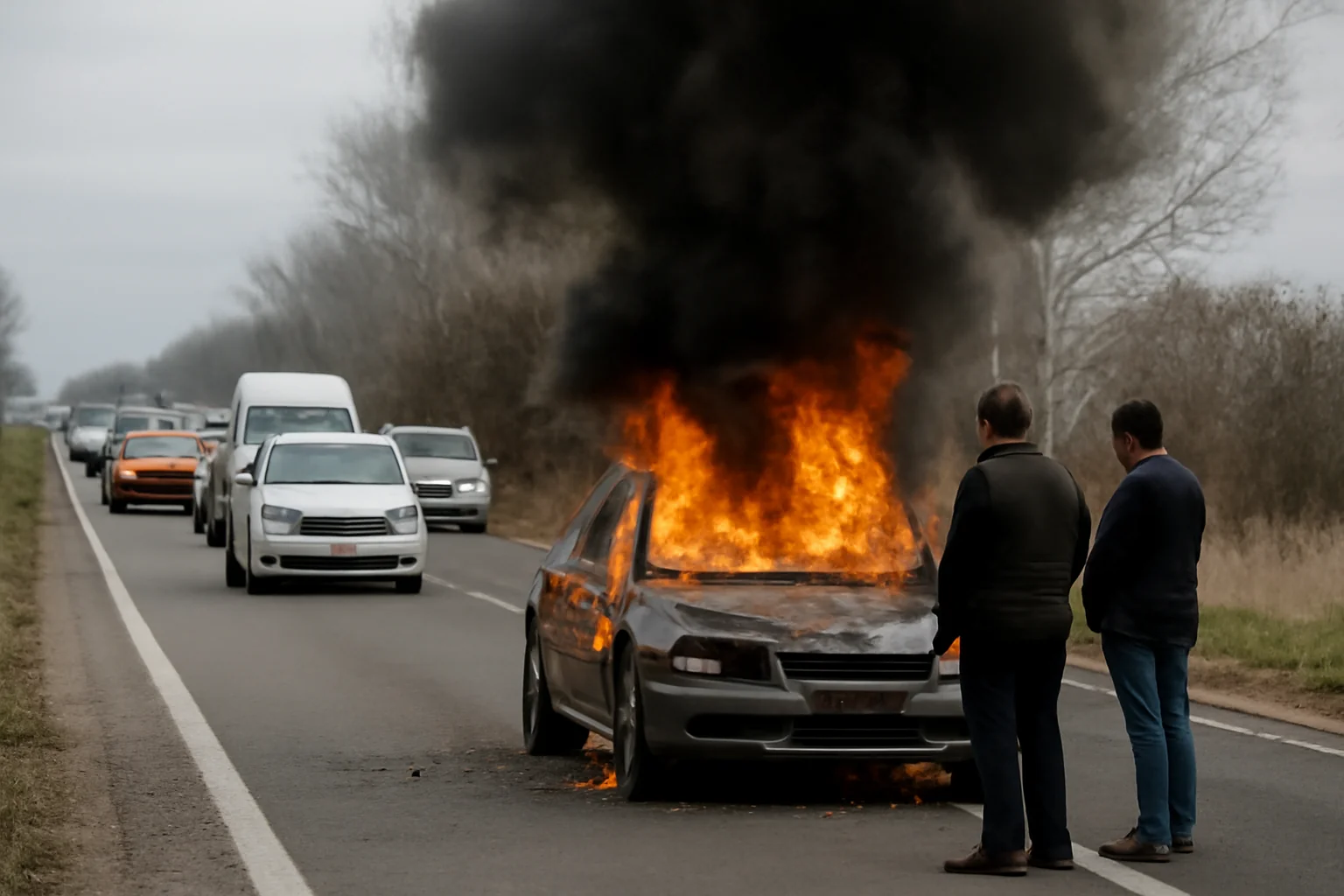 Trafic rutier oprit pe DN 22B la Brăila după incendierea unui autoturism aflat în mers