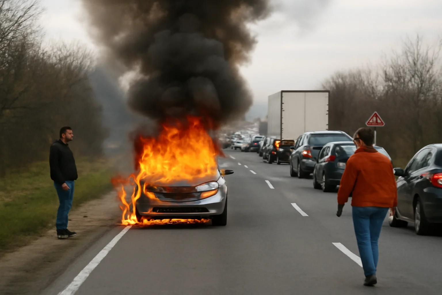 Trafic rutier oprit temporar pe DN 22B la Brăila după incendierea unui autoturism în mers