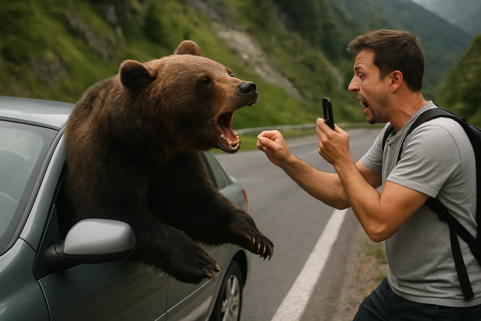 Urs atacă mașina unui turist pe Transfăgărășan în timpul filmării